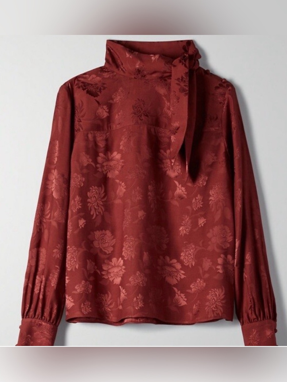 Aritzia Wilfred Cecile Blouse Maroon Floral Jacquard Tie Neck Medium